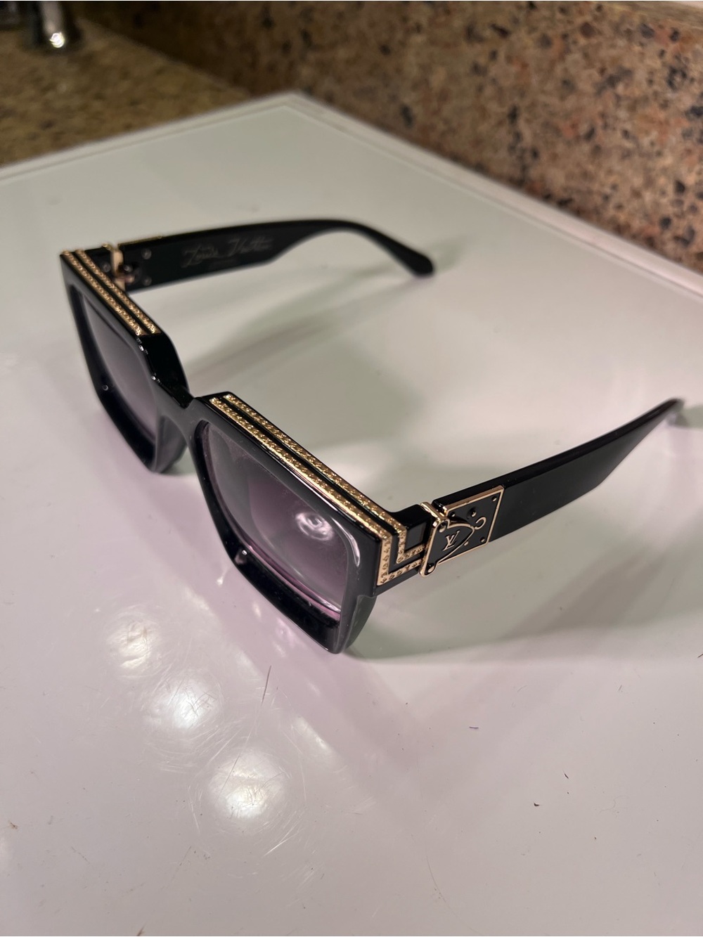 Unisex Louis Vuitton Eyeglasses Black Frame with Gold Accent Chain Detail